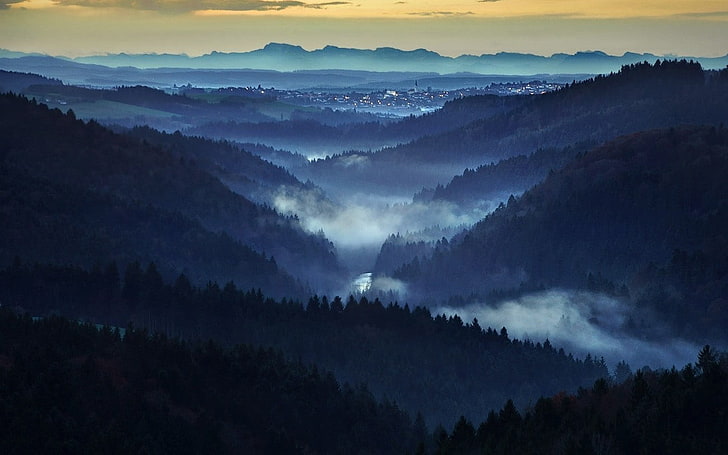 pine trees, nature, landscape, mist, forest, mountains, valley, town, dark, HD wallpaper