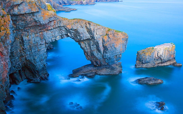 scogliera, mare, Galles, costa, ponte, erosione, natura, grotta, roccia, paesaggio, Sfondo HD