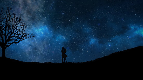 صورة ظلية زوجين خلفية رقمية ، السماء المرصعة بالنجوم ، زوجين ، الحب ، الصور الظلية، خلفية HD HD wallpaper