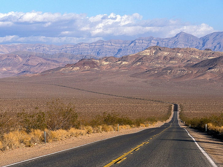 пейзаж, пустиня, Долината на смъртта, Калифорния, планини, път, дълъг път, HD тапет