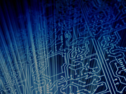 black and blue circuit digital wallpaper, Technomancer, science fiction, fantasy art, artwork, digital art, pixelated, integrated circuits, glowing, HD wallpaper HD wallpaper