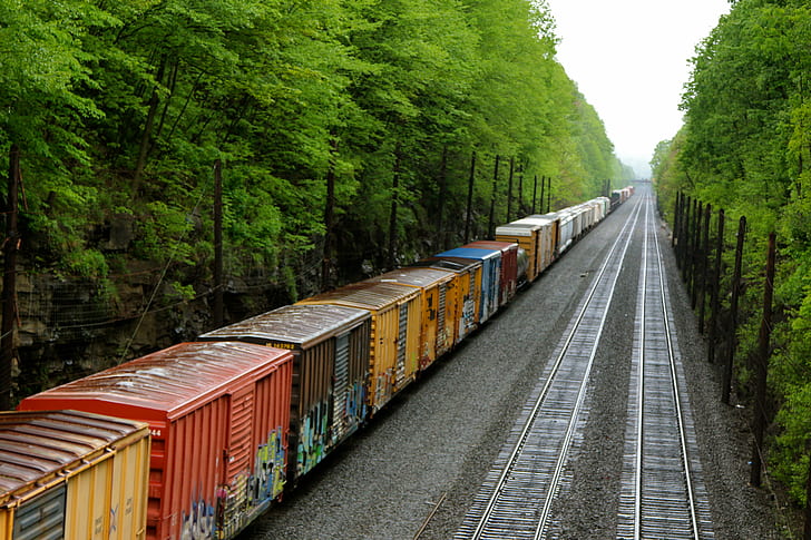 landskapsfoto av tåg på rullar bredvid träd, järnvägsspår, tåg, transport, godstransport, lastcontainer, transportsätt, lok, järnvägsbil, godståg, resa, HD tapet