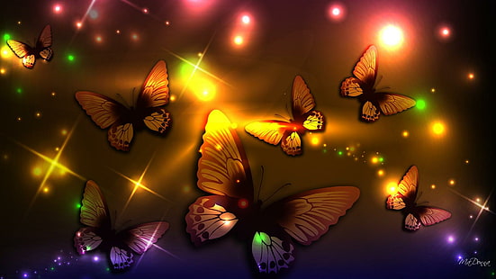 Butterfly Lights Ii, butterfly wallpaper, firefox persona, abstract, stars, sparkles, bright, neon, light, butterflies, 3d and abstract, HD wallpaper HD wallpaper
