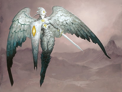 szara postać z mieczem i skrzydłami, grafiki fanów, Magic: The Gathering, platynowy anioł, fantasy art, Brom, Tapety HD HD wallpaper