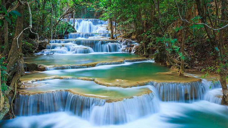 erawan waterfall, waterfall, erawan national park, water, thailand, erawan falls, nature reserve, pond, ponds, cascade, stream, creek, landscape, HD wallpaper