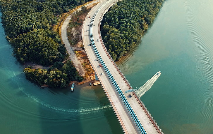 puente de hormigón gris, naturaleza, paisaje, vista aérea, árboles, coche, bosque, agua, puente, barco, carretera, Pok Rie, Fondo de pantalla HD
