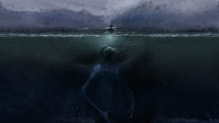 галеон и морское существо подводная живопись, гигант, лодка, море, морские монстры, подводный, существо, произведение искусства, HD обои