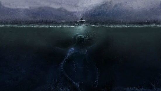 galleon dan makhluk laut lukisan bawah air, raksasa, perahu, laut, monster laut, bawah air, makhluk, karya seni, Wallpaper HD HD wallpaper