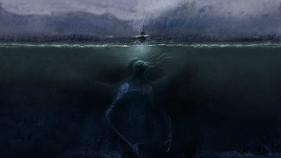 وحوش البحر ، تحت الماء ، عملاق ، عمل فني ، مخلوق ، قارب ، بحر، خلفية HD HD wallpaper