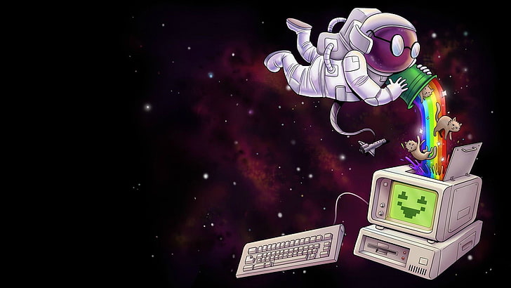 astronauta clipart, Nyan Cat, kot, komputer, przestrzeń, gwiazdy, prom kosmiczny, astronauta, skafander kosmiczny, tęcze, humor, memy, sztuka cyfrowa, Tapety HD
