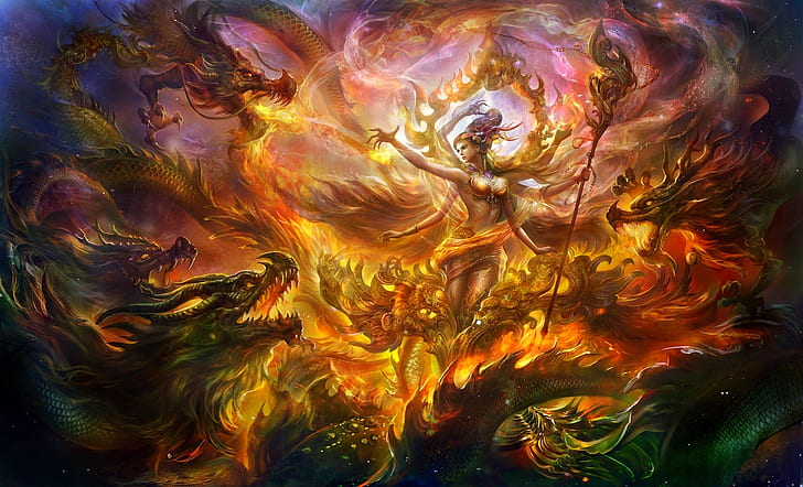 Fantasy, Dragon, Battle, Sorceress, Woman, HD wallpaper