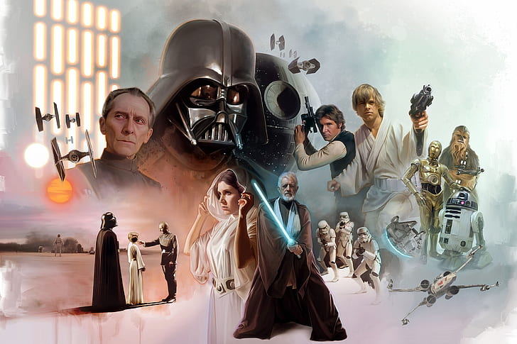 Star Wars, C-3PO, Chewbacca, Dark Vador, Death Star, Han Solo, Luke Skywalker, Obi-Wan Kenobi, Princess Leia, R2-D2, Stormtrooper, Wilhuff Tarkin, Fond d'écran HD