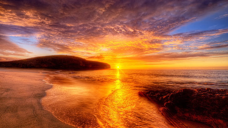 Praia do sol vermelho e céu, vermelho, pôr do sol, praia, céu, HD papel de parede