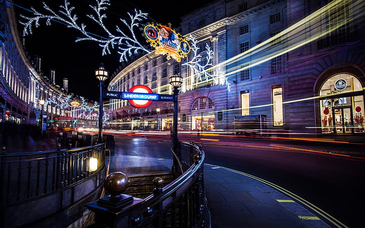 miasto z fotografią poklatkową ze światłami łańcuchowymi, pejzaż miejski, długa ekspozycja, Londyn, droga, światła, ślady światła, Wielka Brytania, Tapety HD