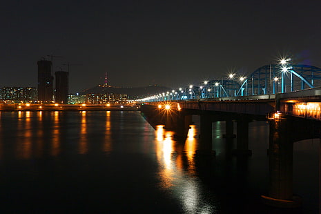 пейзаж на мост през нощта, dongjak, dongjak, мост Dongjak, пейзаж, нощно време, Корея, Сеул, снимки, нощна фотография, hangang, мостове, нощ, река, архитектура, мост - създадена от човека структура, градски пейзаж, градска сцена, вода, известно място, здрач, отражение, градски силует, осветен, град, HD тапет HD wallpaper