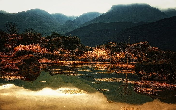 ธรรมชาติภูมิทัศน์ทะเลสาบตกภูเขาน้ำพุ่มไม้ต้นไม้สะท้อนทอง, วอลล์เปเปอร์ HD