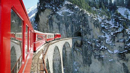 bridge, railway, Switzerland, train, snow, winter, trees, reflection, clouds, nature, red, landscape, mountains, tunnel, HD wallpaper HD wallpaper