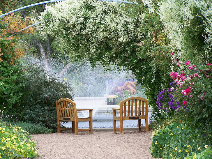 Садовый фонтан, скамейки, фонтан, сад, растения, природа, природа и пейзажи, HD обои