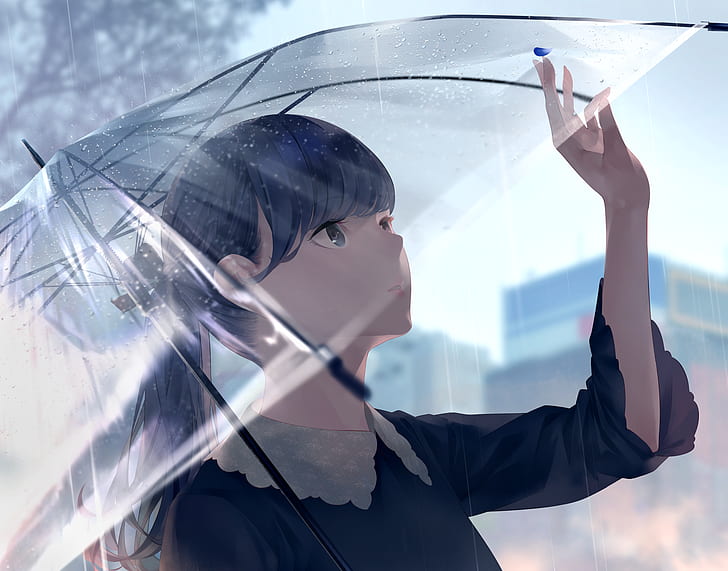 anime, anime girls, dark hair, blue eyes, umbrella, rain, water drops, ponytail, HD wallpaper