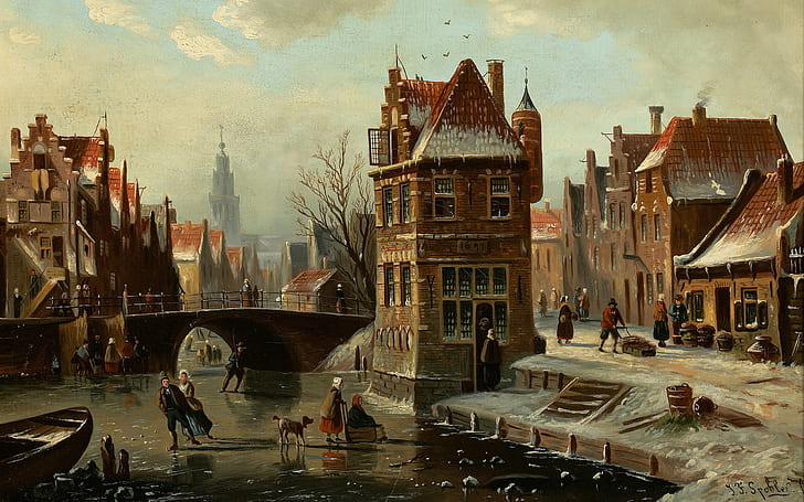 Dutch painter, Dutch artist, oil on canvas, Johannes Franciscus Spohler, Scene on the canal with skaters, Canal Scene with Skaters, Johann Francis Spoler, HD wallpaper