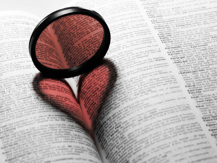 lente preta redonda, vermelho, coração, dicionários, HD papel de parede