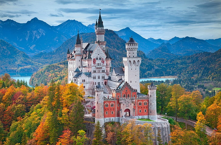 Schlösser, Schloss Neuschwanstein, Bayern, Fallen, Deutschland, Landschaft, Berg, Natur, HD-Hintergrundbild