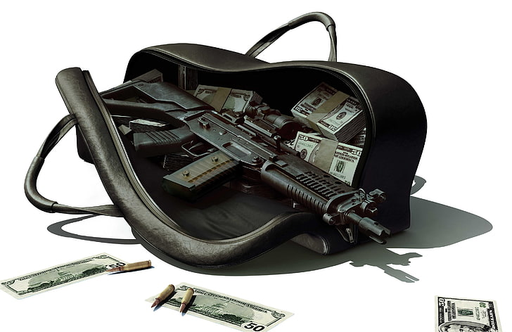 ブラックアサルトライフル、お金、機械、バッグ、 HDデスクトップの壁紙