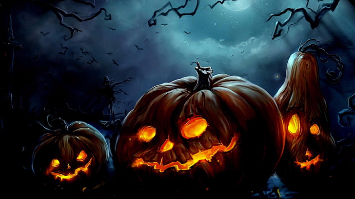 Хелоуин, тъмнина, жак o фенер, тиква, нощ, лунна светлина, клони, прилепи, нощно небе, полунощ, зловещо, HD тапет
