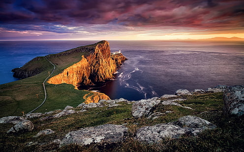 Scotland, Neist point, Skye island, lighthouse, sunset, sea, Scotland, Neist, Point, Skye, Island, Lighthouse, Sunset, Sea, HD wallpaper HD wallpaper