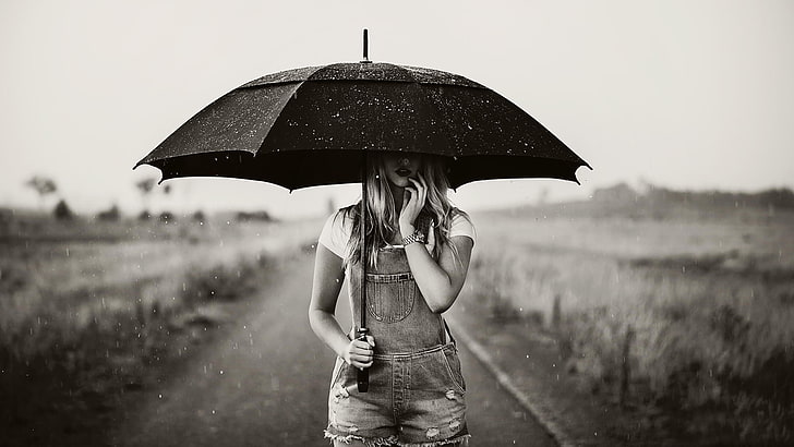 Pagliaccetto da donna, bianco e nero, ombrello, pioggia, tuta, donna, modello, Sfondo HD