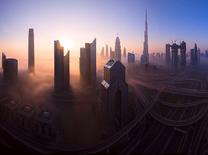la ville, brouillard, matin, Dubaï, EAU, Fond d'écran HD
