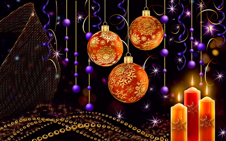 bolas, luz, el fondo oscuro, representación, velas, año nuevo, chispas, navidad, cuentas, guirnalda, imagen, adornos navideños, vacaciones de invierno, rizos dorados, Fondo de pantalla HD