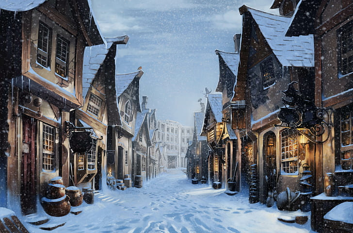 Artystyczny, Zima, Ulica Pokątna, Harry Potter, Dom, Śnieg, Tapety HD