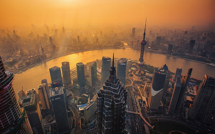 небостъргачи, птичи поглед фотография на високи сгради, небостъргач, град, Шанхай, здрач, оранжево, река, градски пейзаж, сграда, Китай, HD тапет