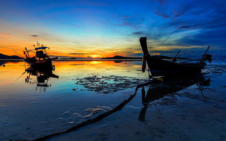 Tambon Rawai Phuket Thailand Sunset Red Sky Dusk Long Tail Boat Sandy Beach Reflection In Water Landscape Desktop Wallpaper Hd 3840×2400, HD wallpaper