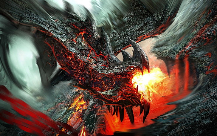 черный и красный дракон дышит огнем цифровые обои, дракон, фэнтези арт, цифровое искусство, живопись, HD обои