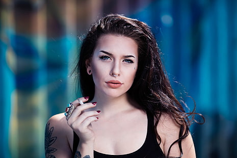 woman in black tank top, women, nose rings, piercing, tattoo, face, portrait, HD wallpaper HD wallpaper