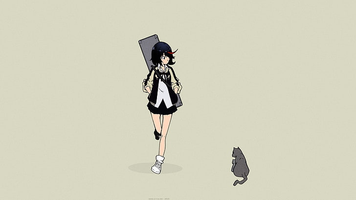 anime dziewczyny, Kill la Kill, Matoi Ryuuko, ciemne włosy, manga, krótka spódniczka, krótkie włosy, Ryou Akizuki, kot, anime, Tapety HD