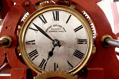 круглые золотые аналоговые часы римского цвета, часы, циферблат, римские цифры, HD обои HD wallpaper