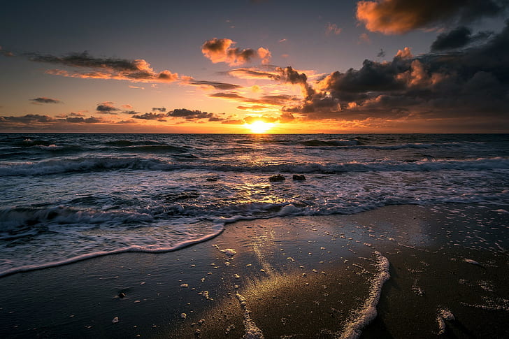 Pagi gelombang busa, pantai, Samudra, pasir, ombak, busa, pagi, Wallpaper HD