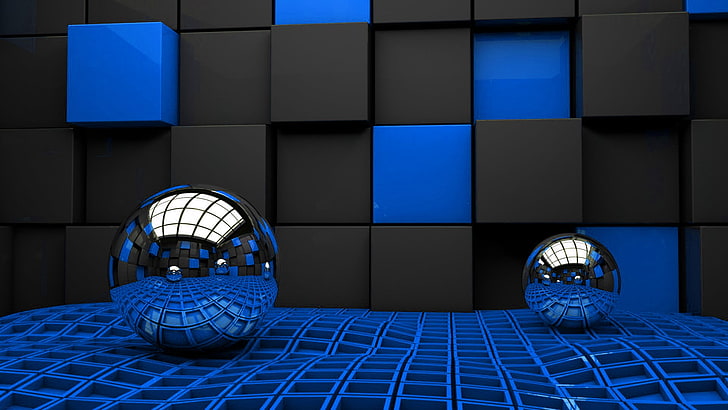 optical illusion digital wallpaper, balls, wall, metal, cubes, space, HD wallpaper