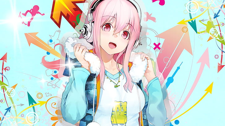 super sonico, headphones, pink hair, Anime, HD wallpaper