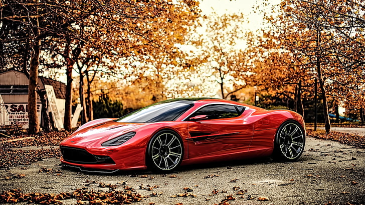 czerwony Aston Martin Vanquish coupe, czerwony samochód sportowy zaparkowany na szarej asfaltowej drodze, pojazd, samochód, samochód sportowy, Super Car, zachód słońca, Aston Martin, Aston Martin DBC, samochody koncepcyjne, czerwone samochody, liście, miejski, drzewa, Tapety HD
