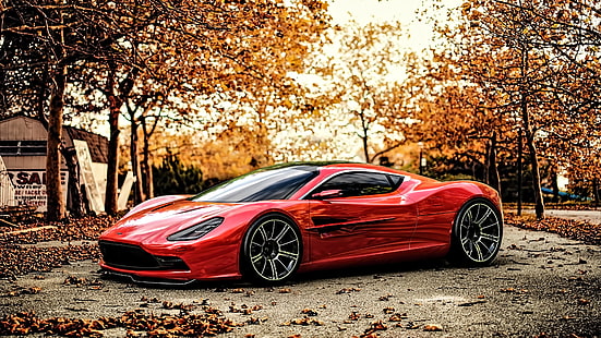 röd Aston Martin Vanquish coupe, röd sportbil parkerad på grå asfaltväg, fordon, bil, sportbil, Super Car, solnedgång, Aston Martin, Aston Martin DBC, konceptbilar, röda bilar, löv, urban, träd, HD tapet HD wallpaper