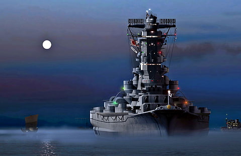 Noc, Księżyc, Cesarska Marynarka Wojenna Japonii, Pancernik, Cesarstwo Japonii, „Yamato”, Tapety HD HD wallpaper