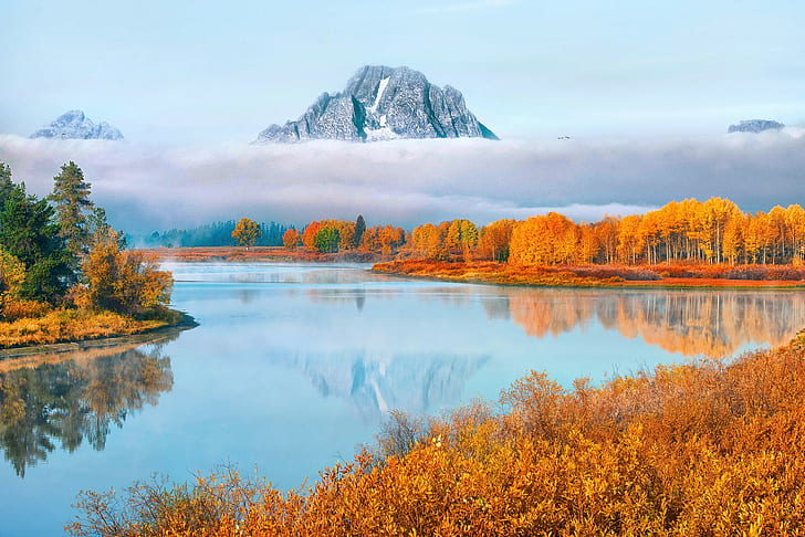 USA, Wyoming, National Park, Grand Teton, large body of water with orange leaf trees and mountain view poster, USA, Wyoming, National Park, Grand Teton, Oxbow Bend, mountains, water, forest, clouds, steam, fog, Autumn, HD wallpaper