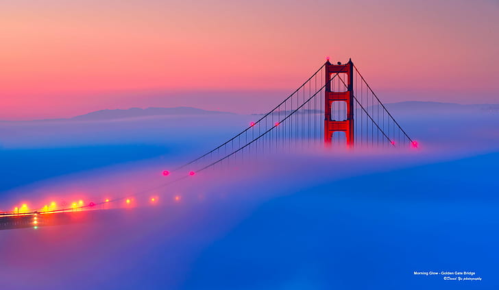 Golden Gate, San Francisco, Golden Gate Bridge, Golden Gate Bridge, Morning, Glow, Golden Gate Bridge, San Francisco California, USA, Golden Gate Bridge, SFist, berömd plats, hängbro, bro - konstgjord struktur, solnedgång, San Francisco Län, arkitektur, hav, kalifornien, skymning, natt, blått, HD tapet