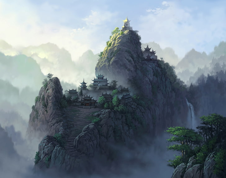 Monasterio de montaña, lote pagoda gris, Artístico, Fantasía, Montaña, Monasterio, Fondo de pantalla HD