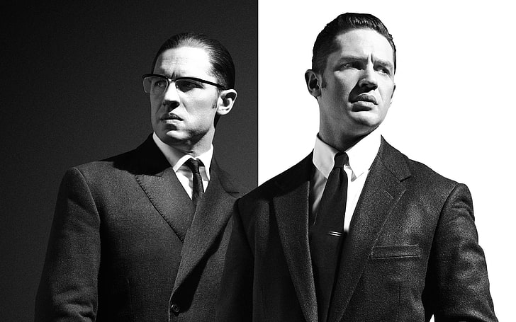 tow men in suits, black and white, brothers, poster, Legend, crime, Gemini, Tom Hardy, Reggie Kray, Ronald Kray, HD wallpaper