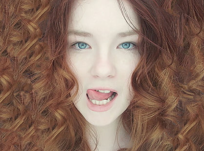 capelli rossi, labbra, occhi verdi, donne, viso, lingue, occhi blu, ritratto, capelli ricci, Sfondo HD HD wallpaper